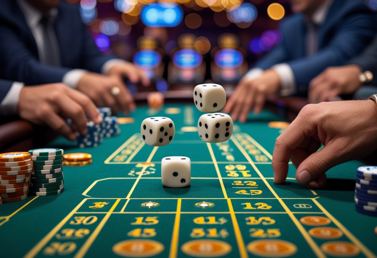 Close-up of dice being thrown on a craps table with players' hands and chips around it in a casino setting.