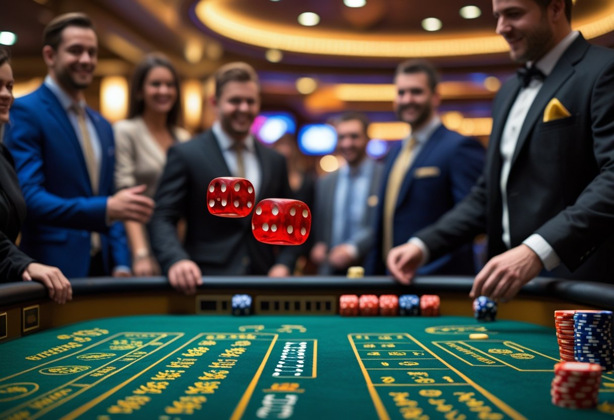 A close-up of a pair of dice being thrown on a craps table with players and a dealer around it in a casino setting.