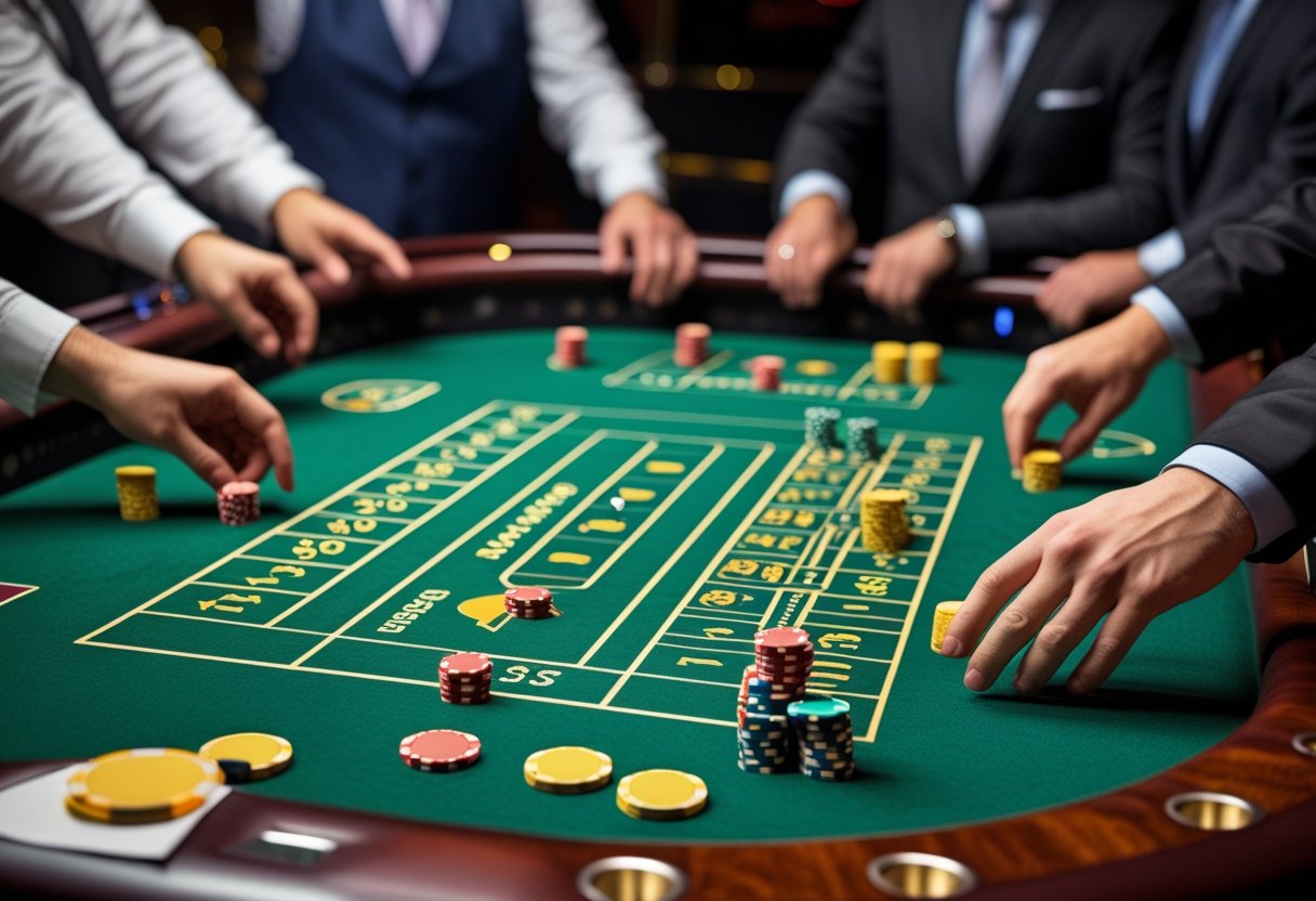 A craps table with players rolling dice and placing bets, with a dealer standing behind the table in a casino.