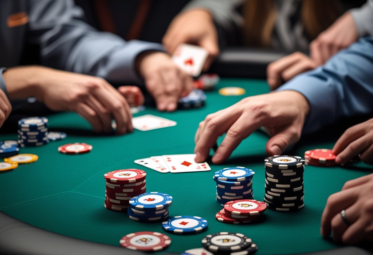 A poker table with players holding cards and poker chips arranged on the green felt surface.