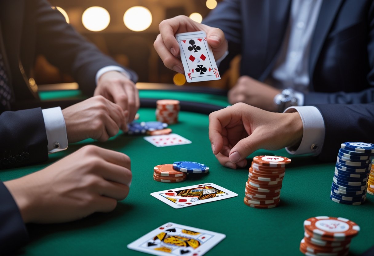 Close-up of hands holding playing cards and poker chips on a green poker table during a game.