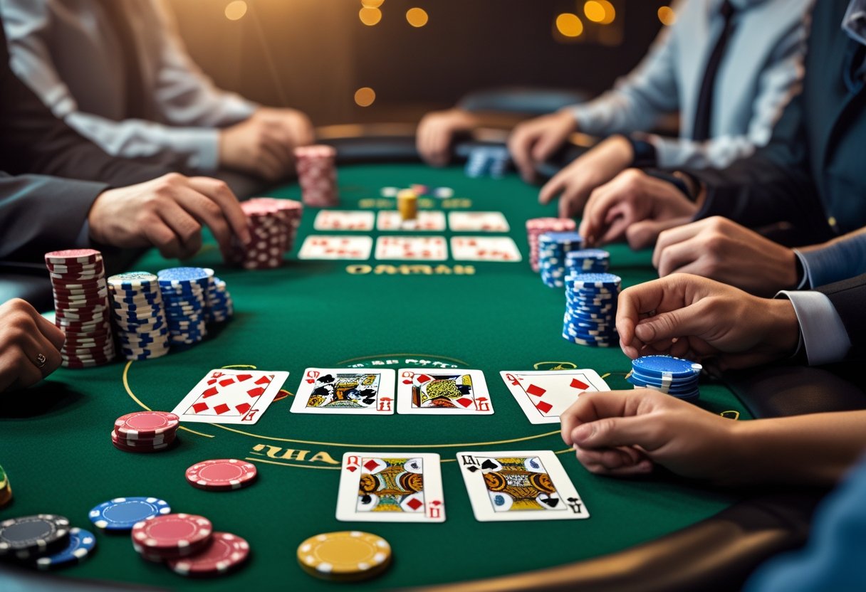 Poker table with chips and players holding cards during a poker game.