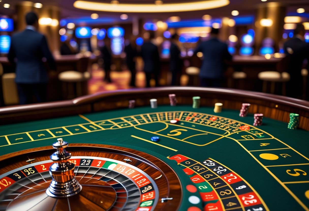 A roulette wheel spinning with chips on a green betting table in a casino setting.