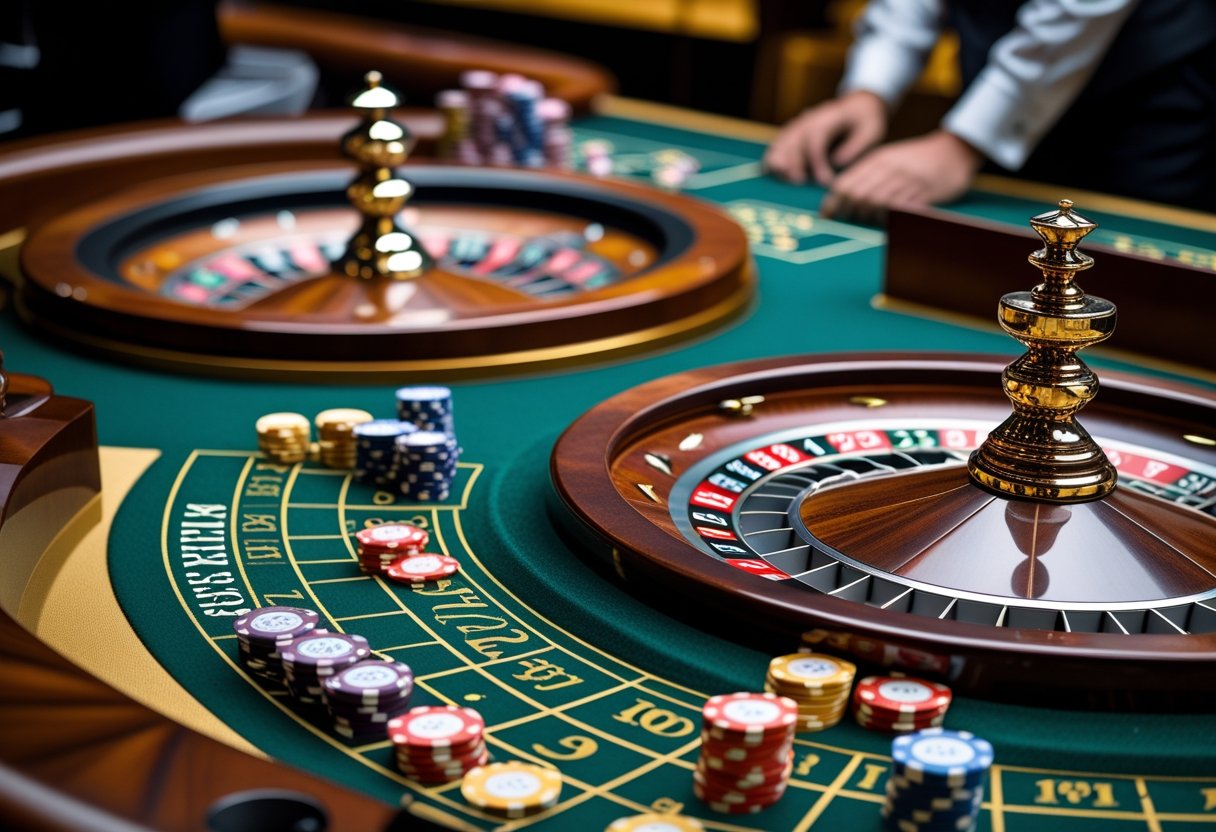 A roulette wheel spinning with betting chips on a green table and a dealer in the background.
