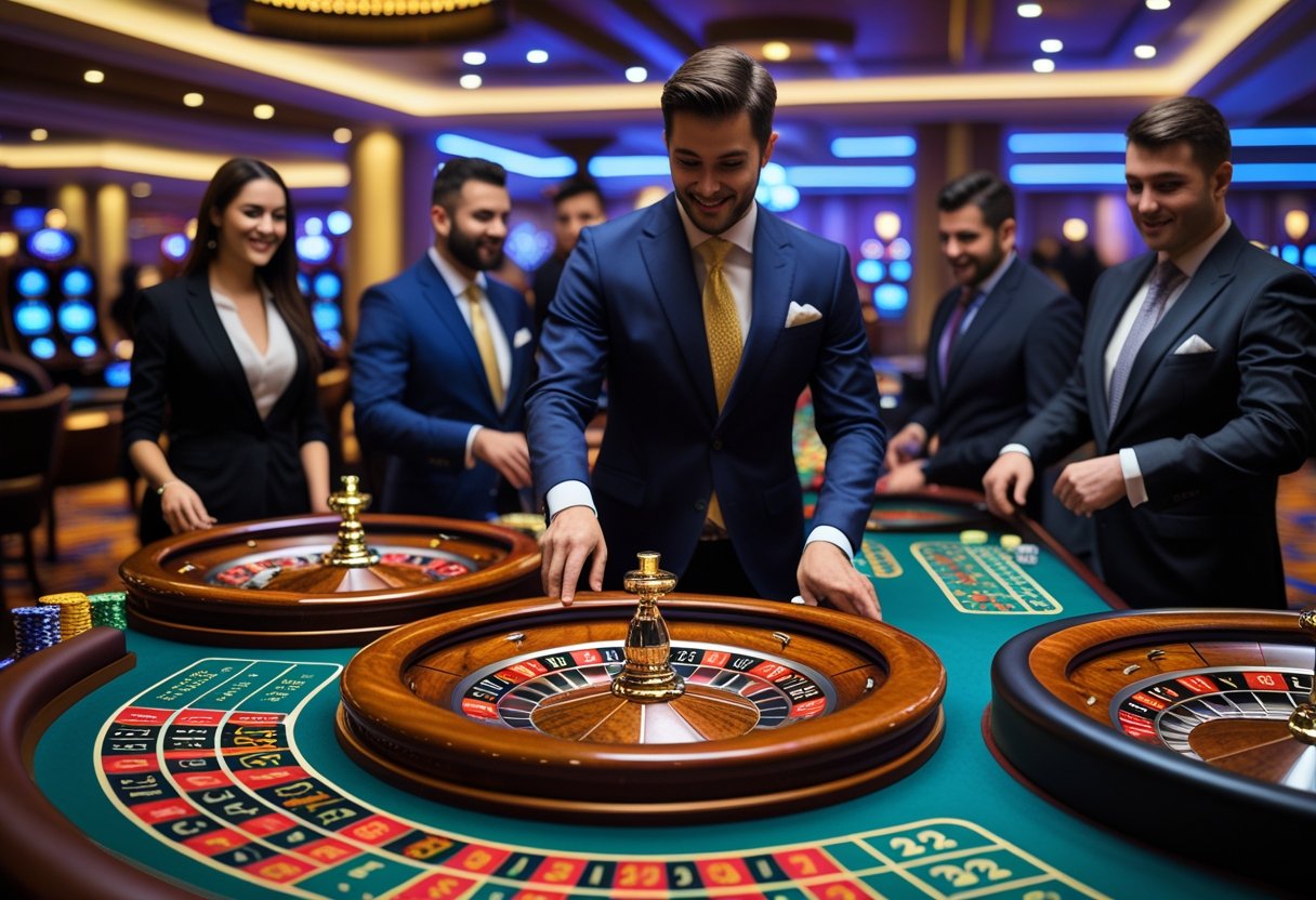 A casino scene with multiple live roulette tables, players placing bets, and a dealer spinning the roulette wheel.
