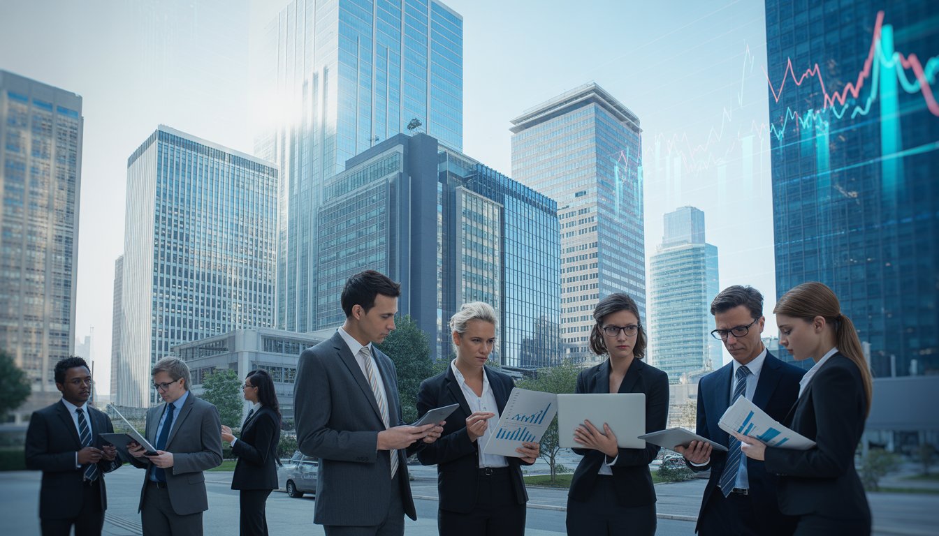 A group of business professionals discussing financial data in front of modern office buildings in a city.