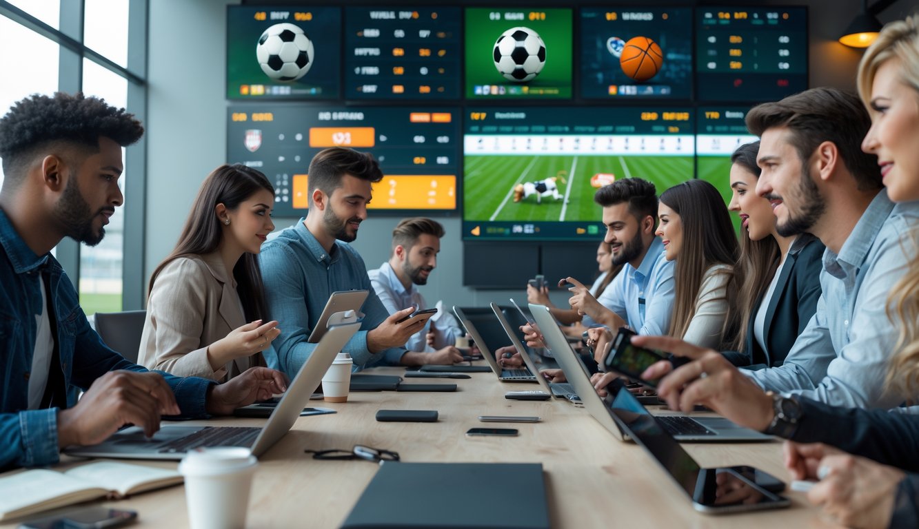 Sekelompok orang muda menggunakan perangkat digital untuk taruhan olahraga online di ruangan modern dengan layar besar menampilkan berbagai pertandingan olahraga.