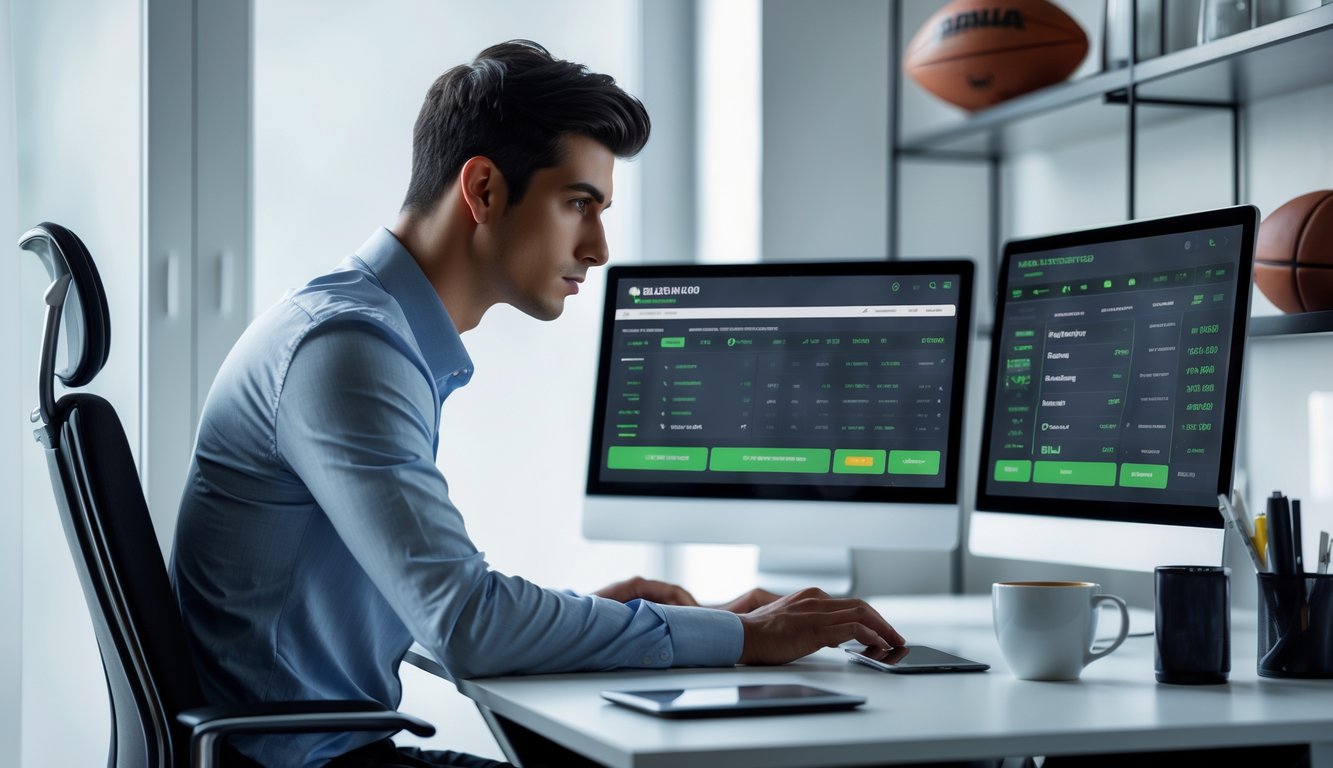 Seorang pria muda duduk di meja modern sambil melihat layar komputer yang menampilkan data taruhan olahraga online, dengan suasana kantor rumah yang rapi dan peralatan teknologi di sekitarnya.