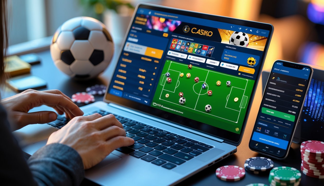 Seseorang menggunakan laptop dengan tampilan pertandingan sepak bola dan permainan kasino digital di layar, dikelilingi bola sepak, chip poker, dan kartu remi.