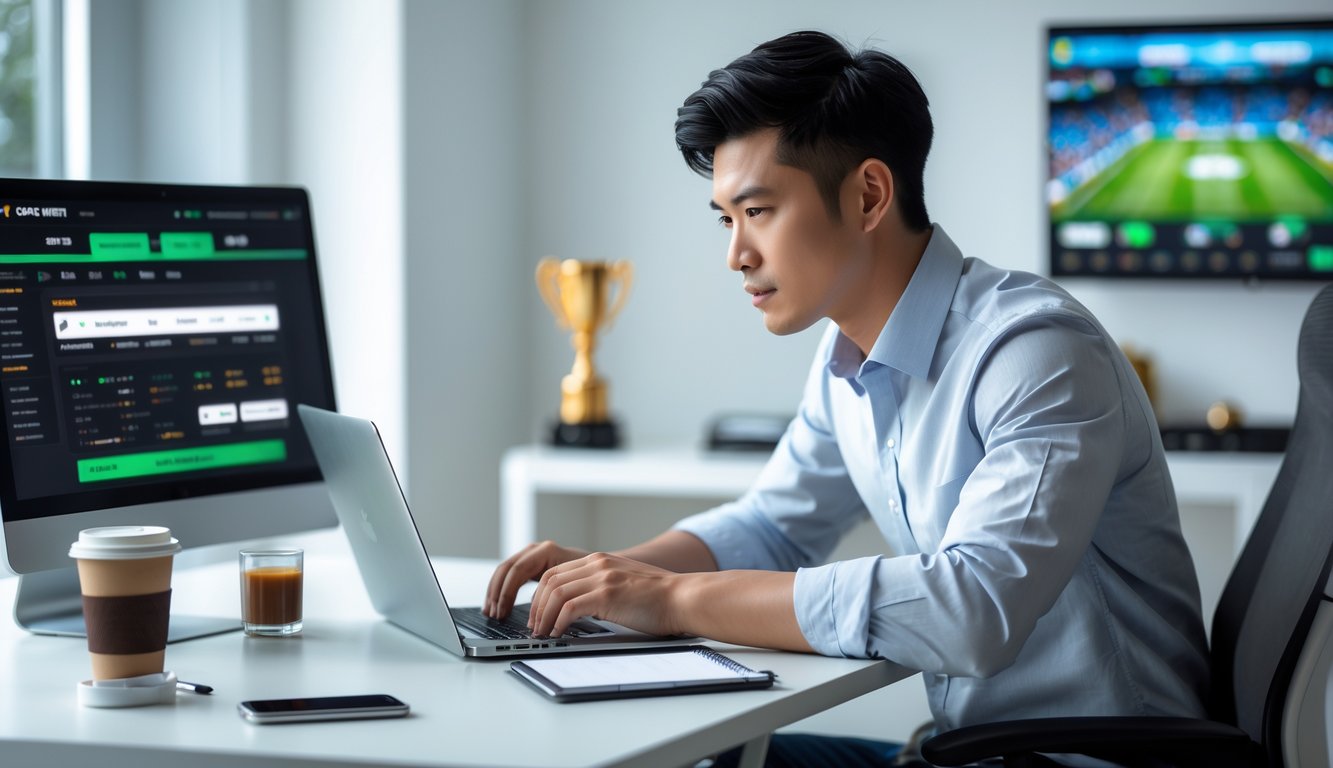 Seorang pria muda fokus menggunakan laptop di meja kerja dengan latar belakang kantor rumah yang terang dan rapi.