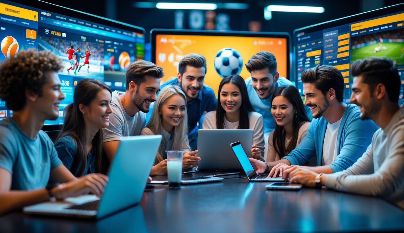 Sekelompok orang muda sedang menggunakan perangkat elektronik untuk taruhan olahraga dan permainan online di sebuah ruangan modern.