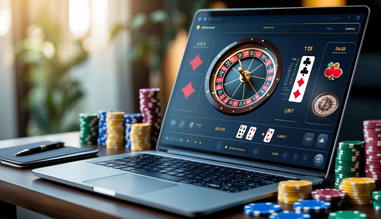 Meja dengan laptop menampilkan permainan kasino online, tumpukan chip taruhan, kartu remi, dan buku catatan dengan pena.