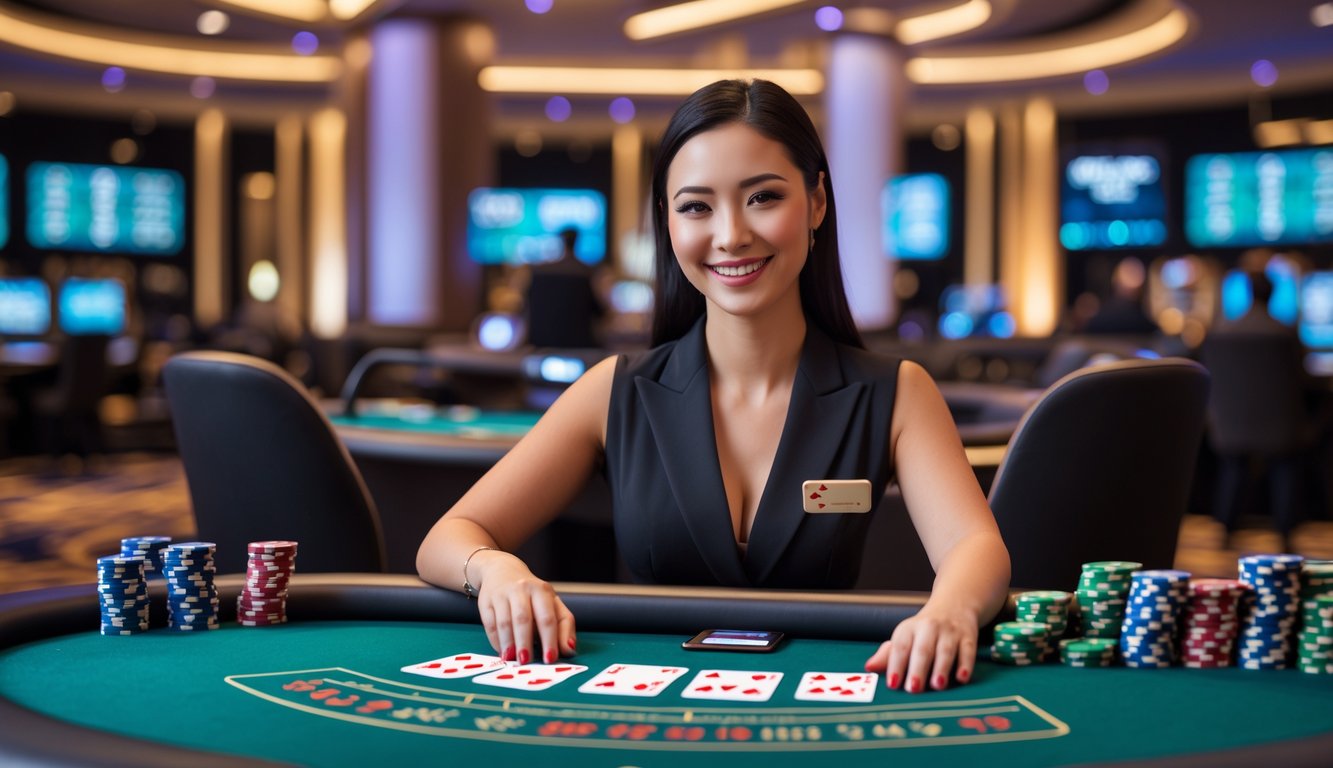 Seorang dealer profesional tersenyum di meja kasino dengan kartu dan chip, suasana kasino mewah di latar belakang.