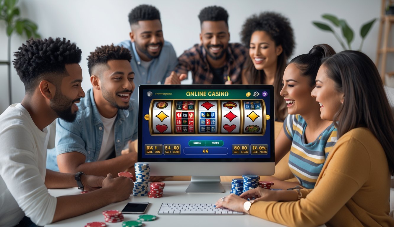 Sekelompok orang sedang bermain casino online di rumah dengan komputer dan perangkat digital, tampak fokus dan senang.