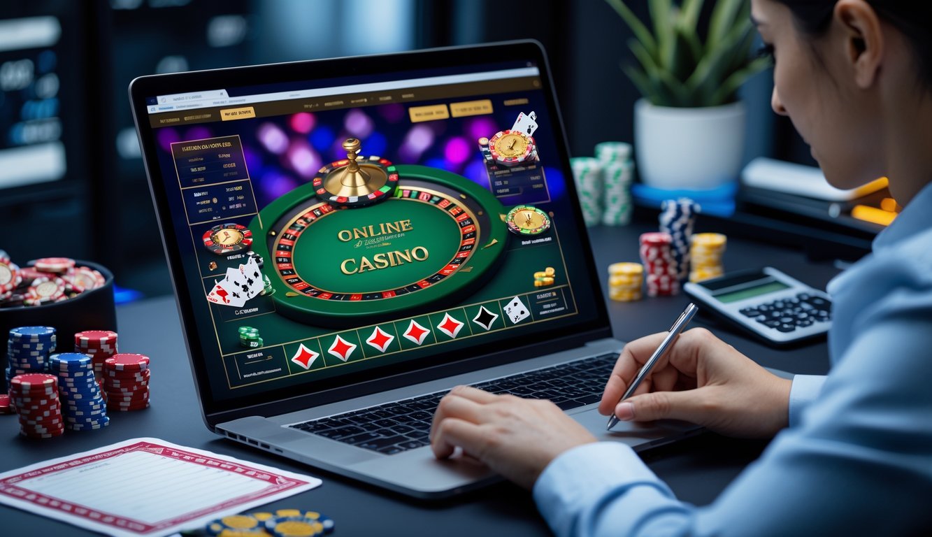 Seorang pria sedang fokus melihat layar komputer dengan permainan kasino klasik online, di meja terdapat kartu remi, chip poker, dan alat tulis.