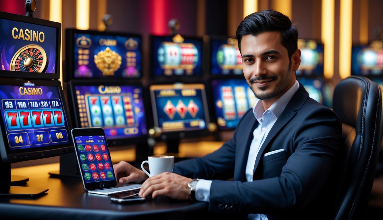 Seorang pria duduk di depan beberapa layar komputer yang menampilkan permainan kasino online, terlihat percaya diri dan fokus.