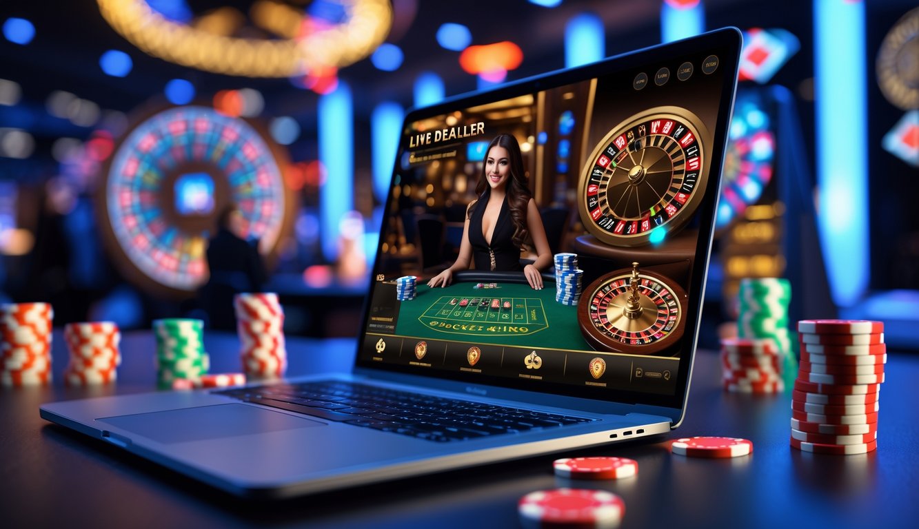 Seorang wanita dealer kasino sedang bermain di layar komputer dengan chip poker dan kartu bermain di sekitarnya.