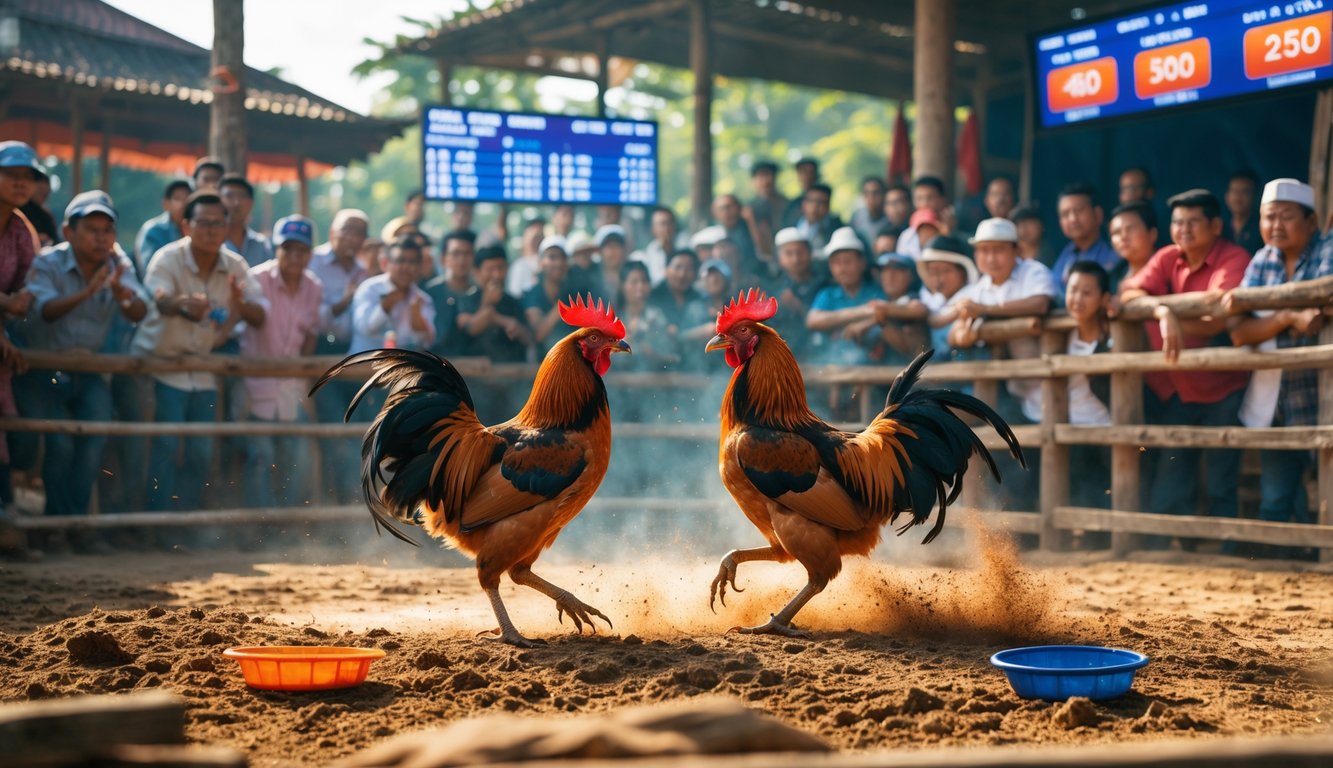 Dua ayam jago bertarung di arena dengan penonton yang antusias di sekelilingnya, menampilkan suasana taruhan tradisional dan modern.