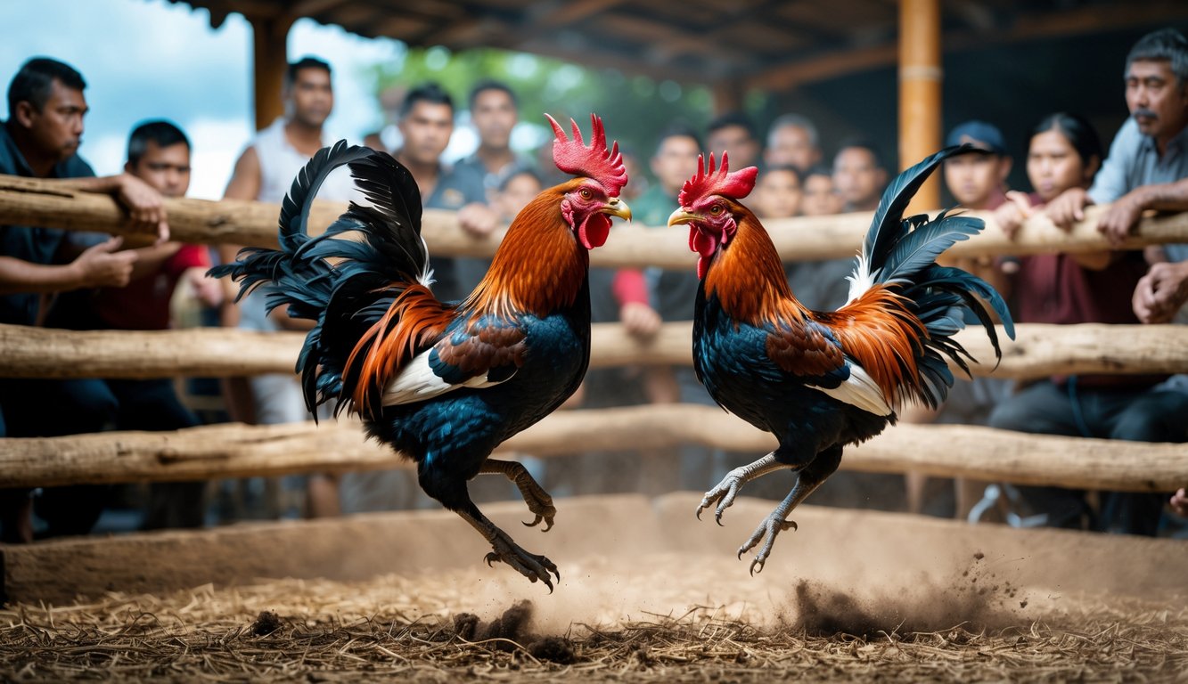 Dua ayam jago sedang bertarung di arena sabung ayam dengan penonton yang memperhatikan di sekelilingnya.