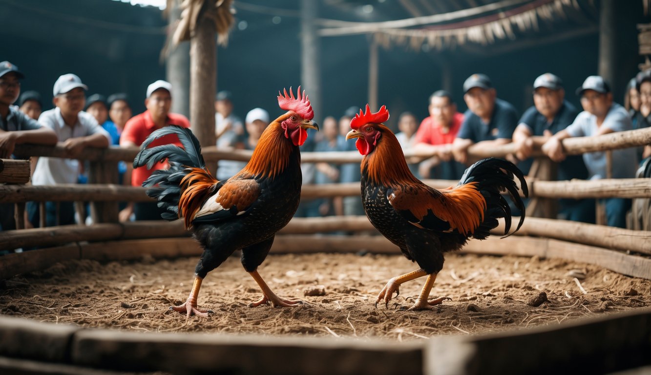 Dua ayam jago sedang bertarung di arena kayu dengan beberapa orang menonton dan pelatih yang serius memperhatikan pertarungan.