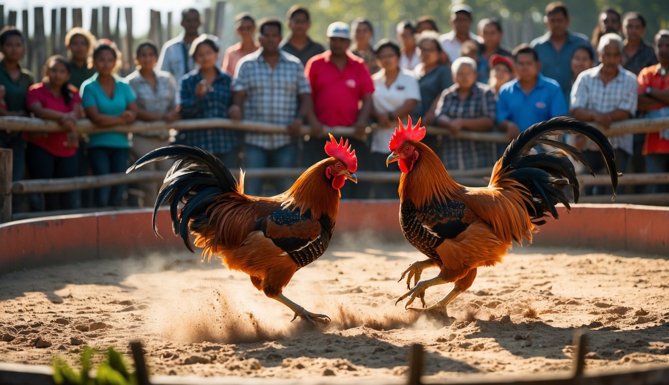 Dua ayam jago sedang bertarung di arena melingkar dengan penonton mengamati di sekelilingnya.