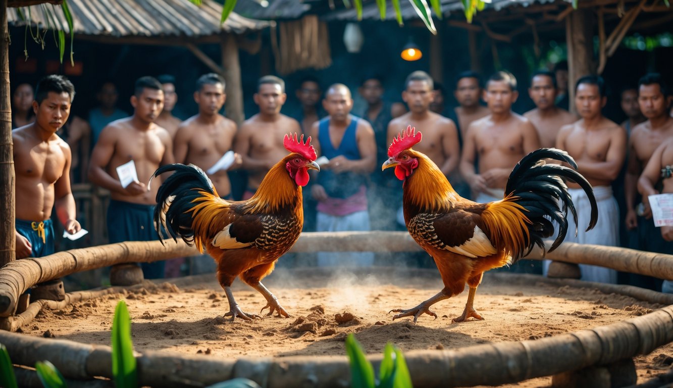 Dua ayam petarung sedang bertarung di arena melingkar dengan penonton yang memperhatikan dengan serius di sekelilingnya.