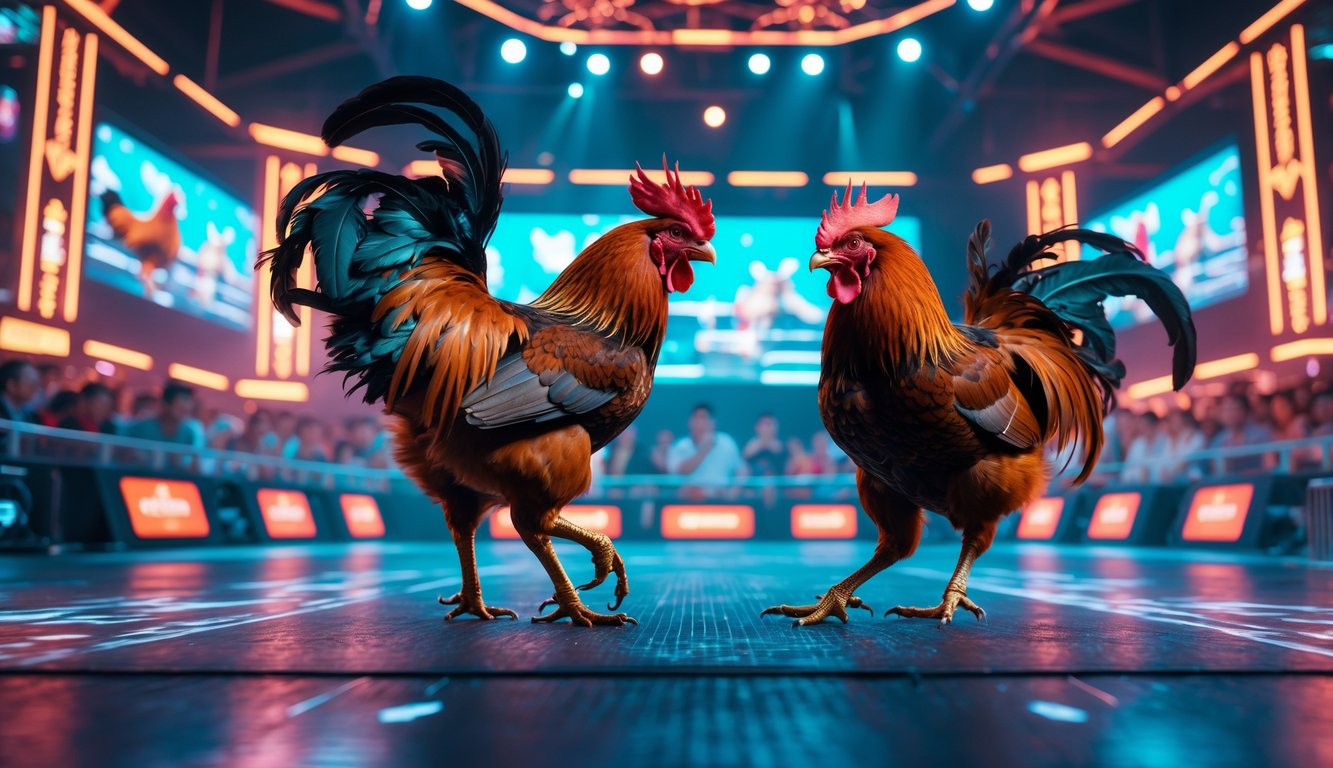Dua ayam jago sedang bertarung di arena digital dengan penonton menonton melalui layar besar.