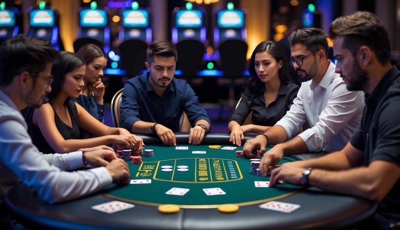 Sekelompok orang bermain poker di meja kasino dengan tumpukan chip dan kartu, fokus dan serius dalam permainan.