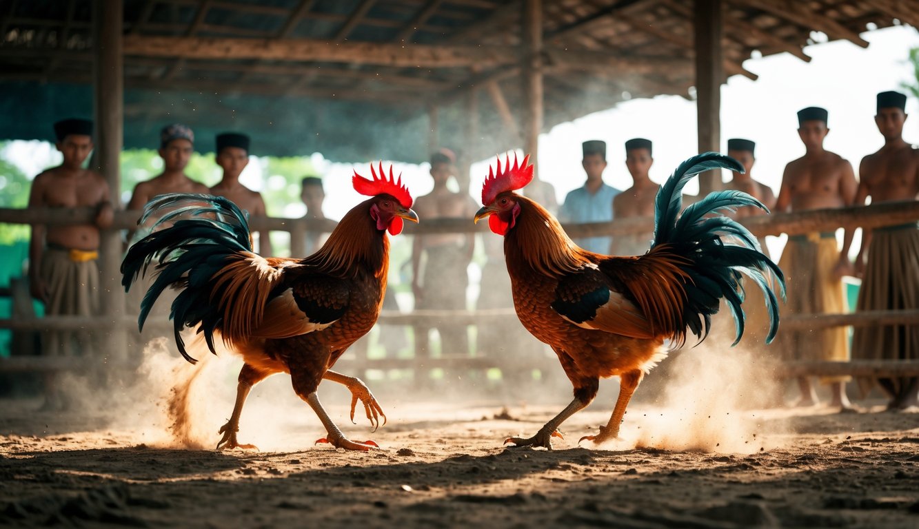 Dua ayam aduan sedang bertarung di arena kayu dengan beberapa pria memperhatikan dengan serius di latar belakang.
