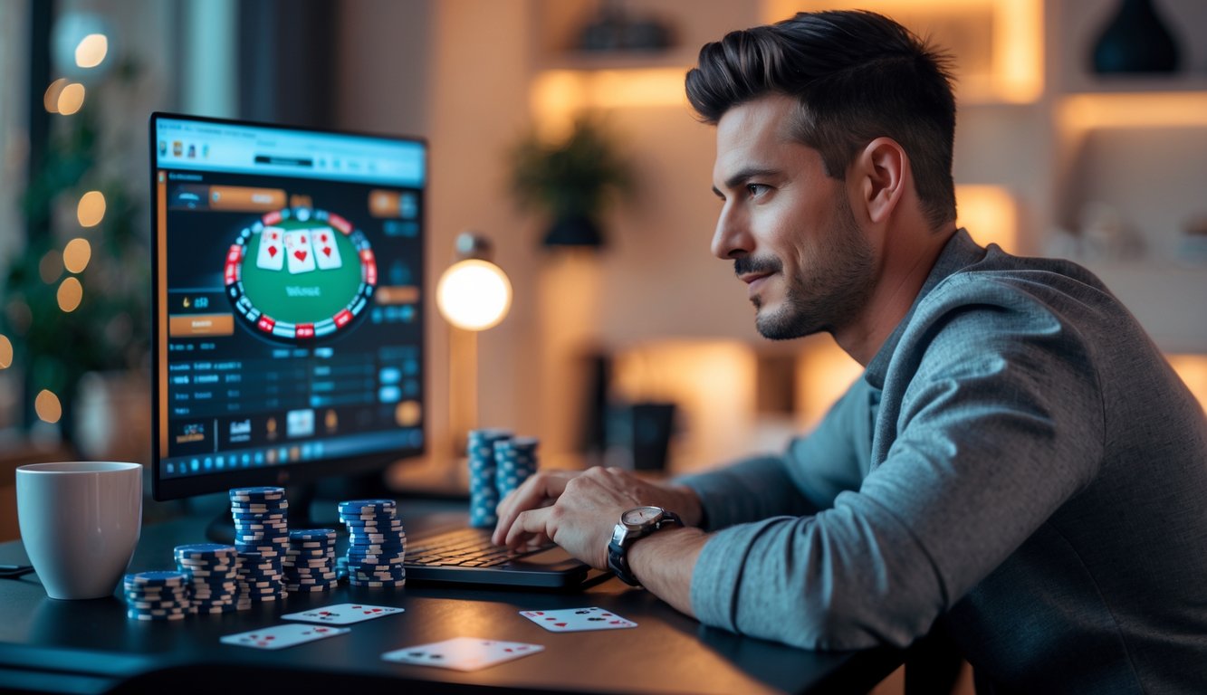 Seorang pria fokus bermain poker online di depan laptop dengan tumpukan chip dan kartu di meja.