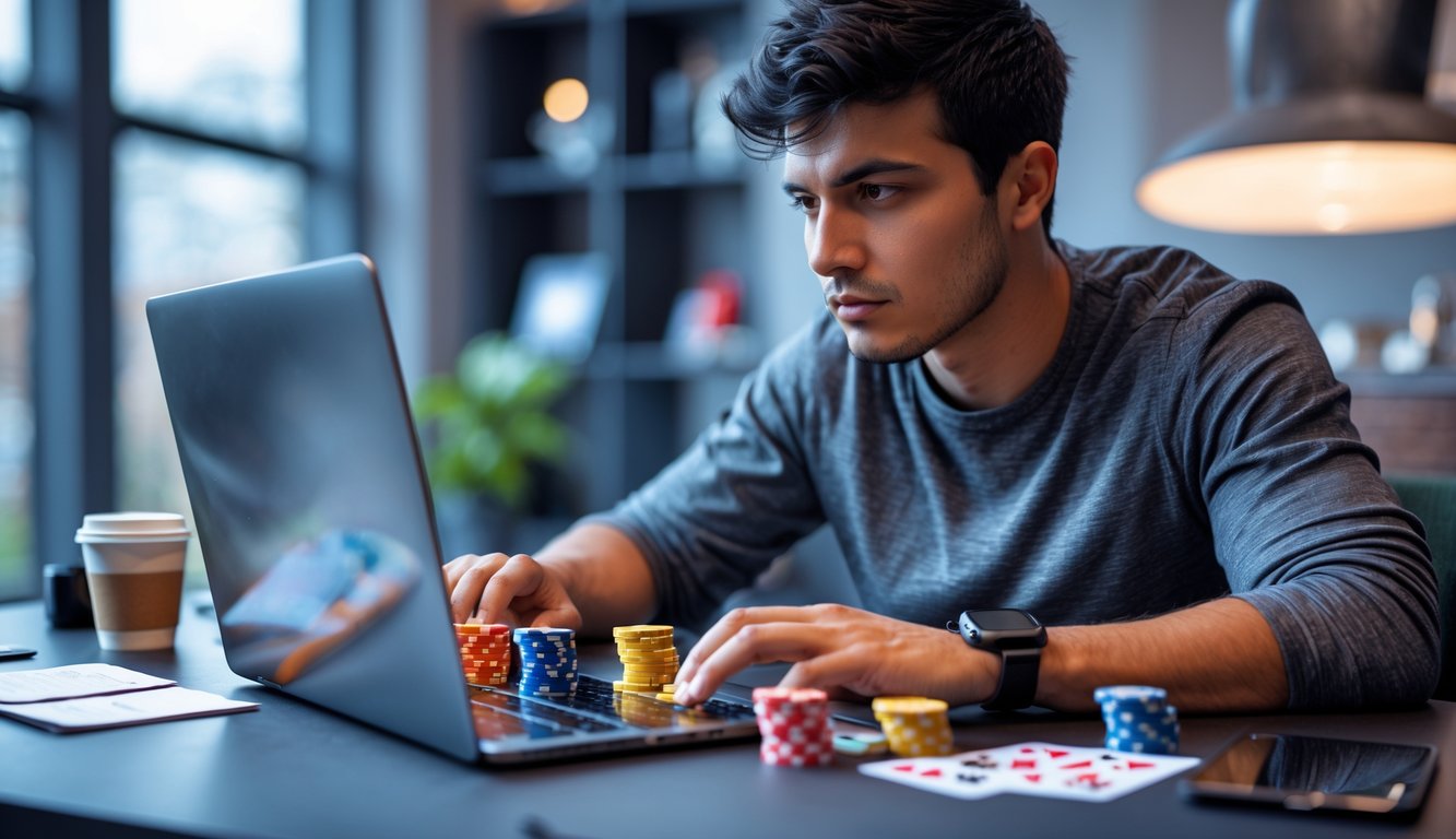 Seorang pria muda fokus bermain poker online di depan laptop di ruangan modern dengan chip poker dan kartu di layar.