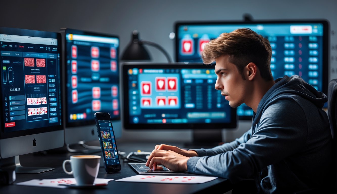 Seorang pria muda yang fokus bermain poker online di depan beberapa layar komputer dengan kartu poker dan statistik permainan terlihat di layar.