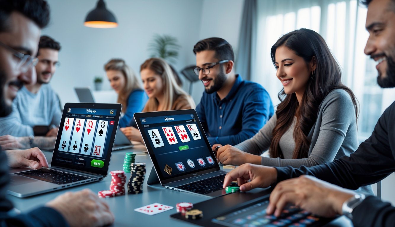 Sekelompok orang sedang bermain poker online menggunakan laptop dan tablet di meja yang rapi dengan chip poker dan kartu remi.