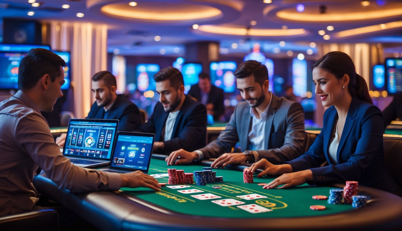 Beberapa orang sedang bermain poker online dengan kartu dan chip di meja digital dalam suasana kasino modern.