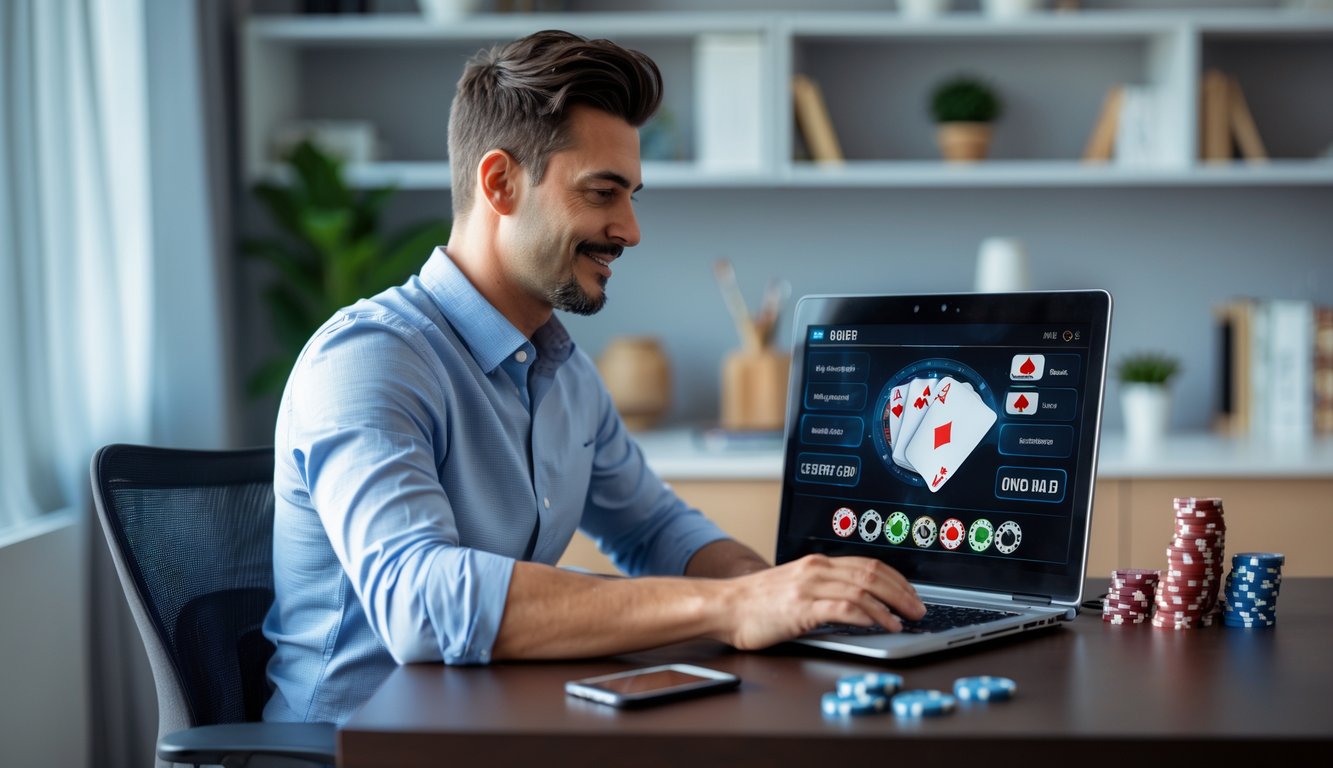 Seorang pria fokus bermain poker online di laptop di ruang kerja yang rapi dengan tumpukan chip poker di meja.