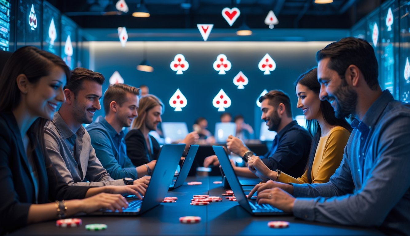 Beberapa orang bermain poker online menggunakan laptop dan tablet di ruangan modern dengan pencahayaan hangat.