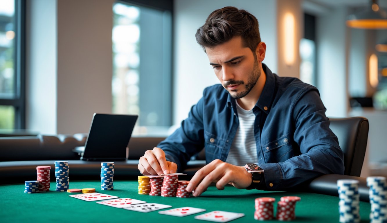 Seorang pria muda duduk di meja poker modern sambil mempelajari kartu dan chip poker dengan serius.
