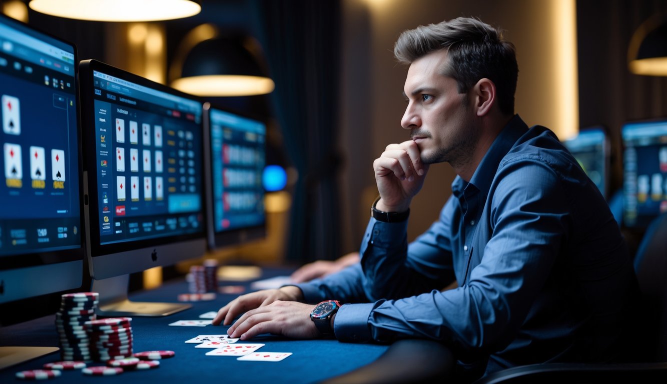 Seorang pria sedang bermain poker online di depan beberapa monitor komputer di sebuah ruangan dengan pencahayaan redup.