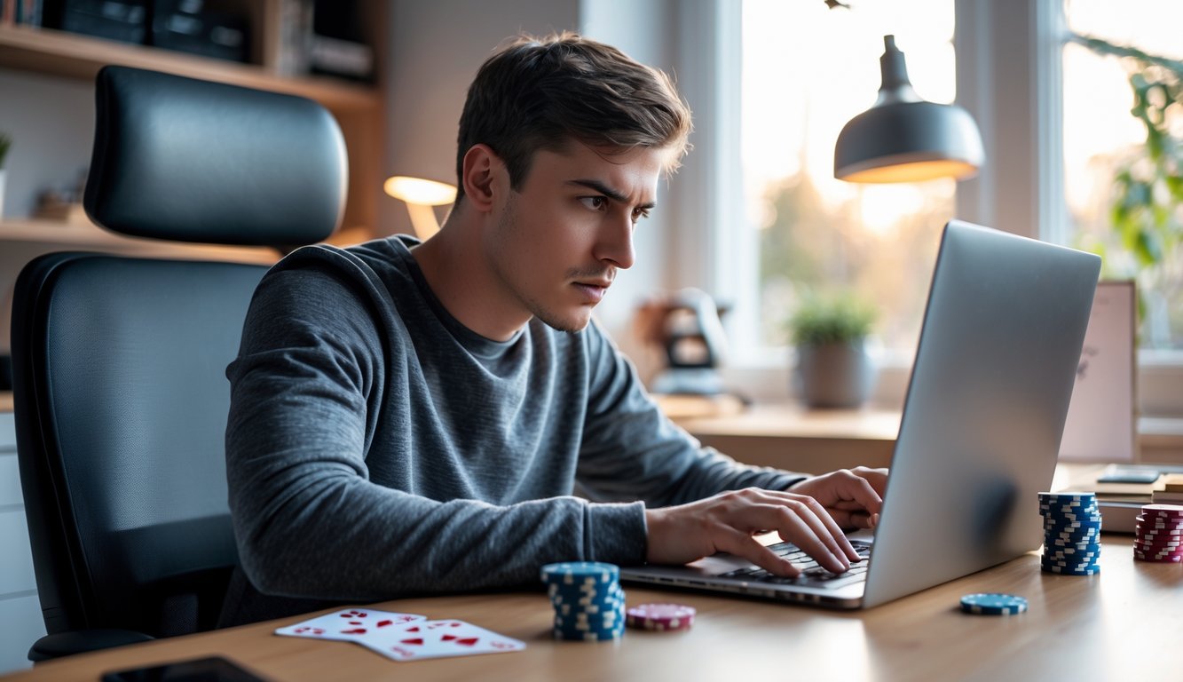 Seorang dewasa muda sedang bermain poker online di laptop di ruang kerja modern dengan pencahayaan alami.