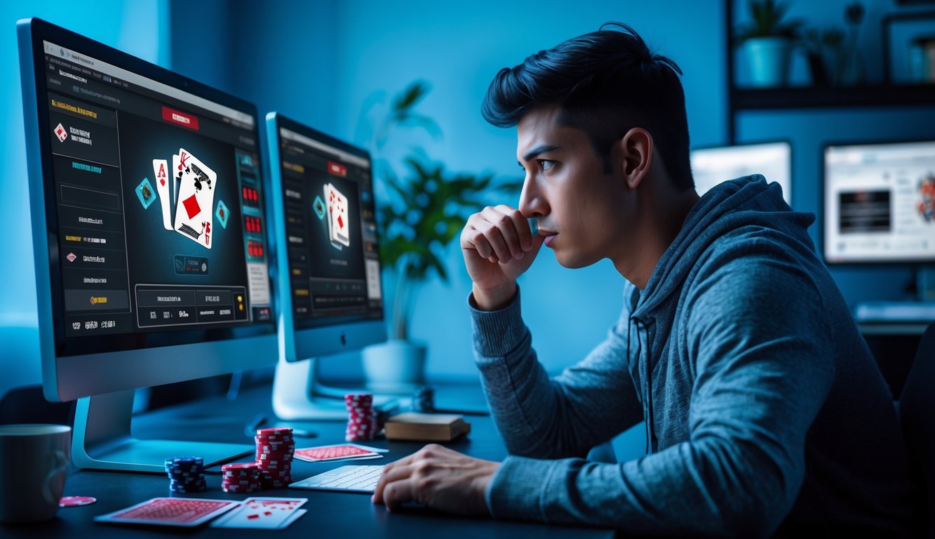 Seorang pria muda fokus bermain poker online di depan beberapa monitor komputer di ruang kerja yang rapi.