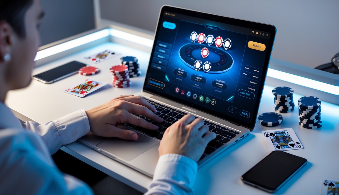 Seseorang menggunakan laptop dengan tampilan permainan poker digital, di meja terdapat chip poker dan kartu, suasana modern dan profesional.