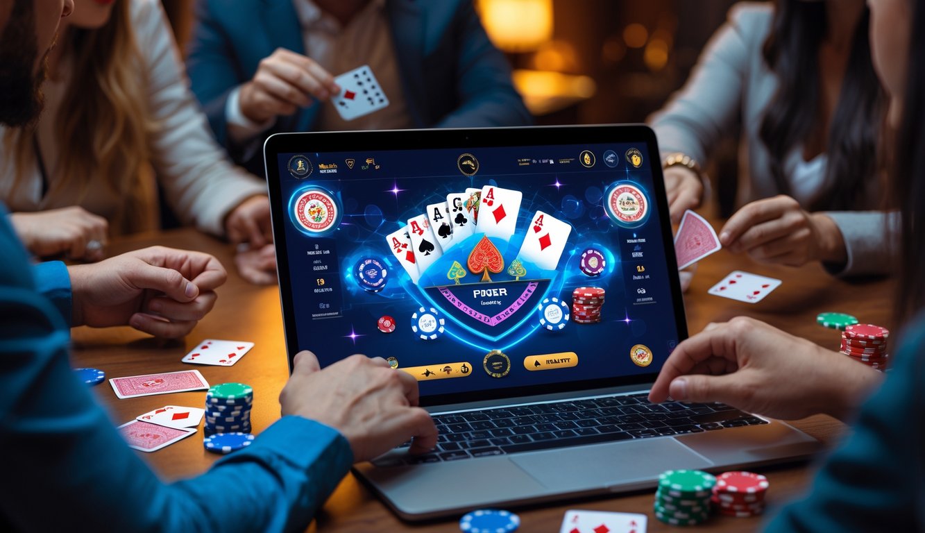 Beberapa orang bermain poker online menggunakan laptop dan kartu dengan suasana hangat di dalam ruangan.