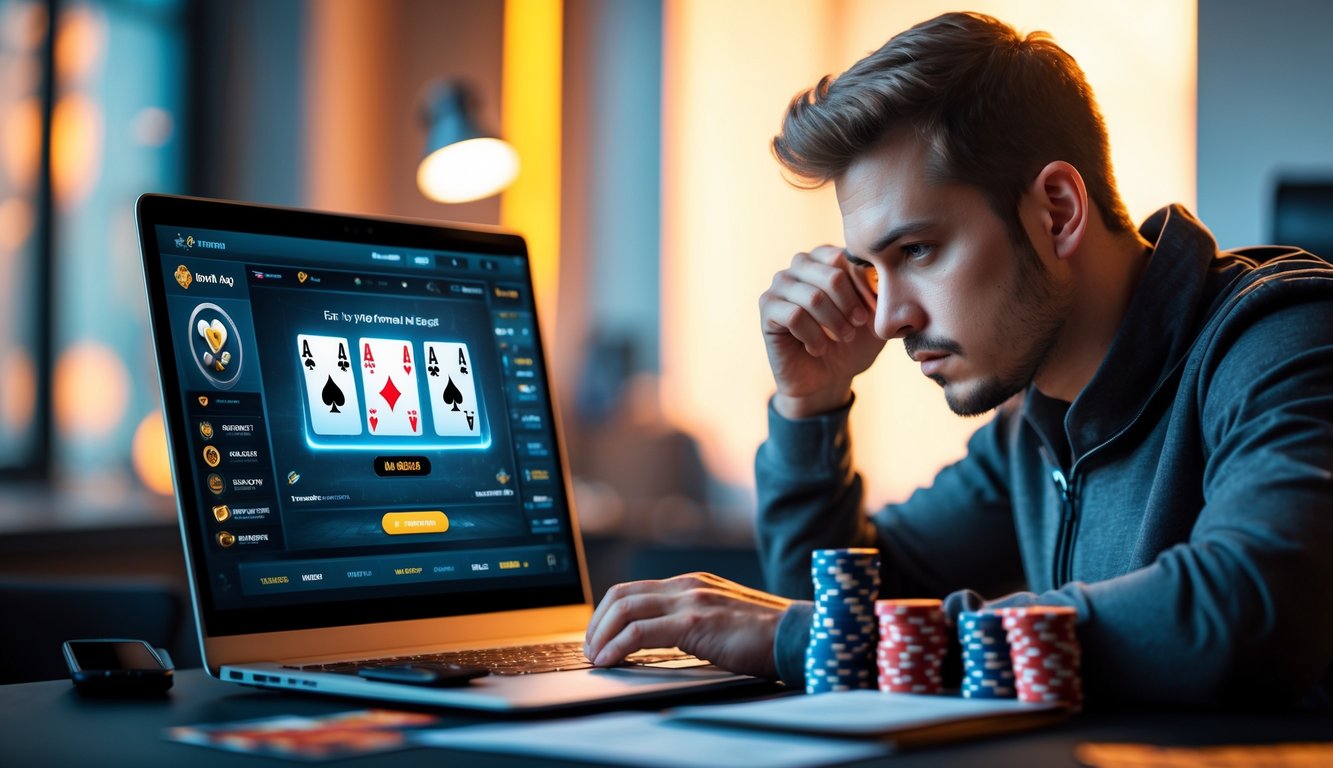 Seorang pria muda fokus bermain poker online di depan laptop dengan tumpukan chip di meja dan catatan strategi di sampingnya.