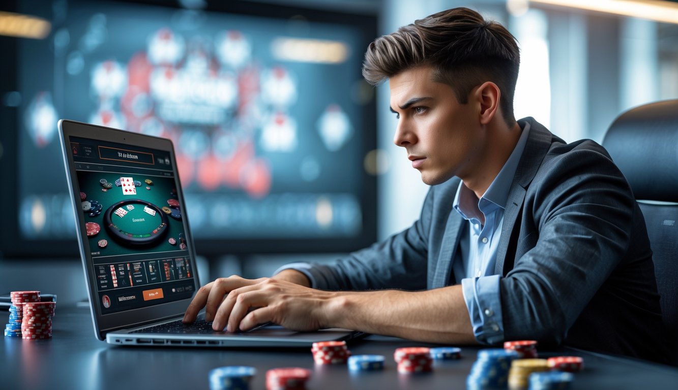 Seorang pria muda duduk di depan laptop dengan tampilan meja poker virtual di layar, fokus dan serius dalam suasana ruangan modern.
