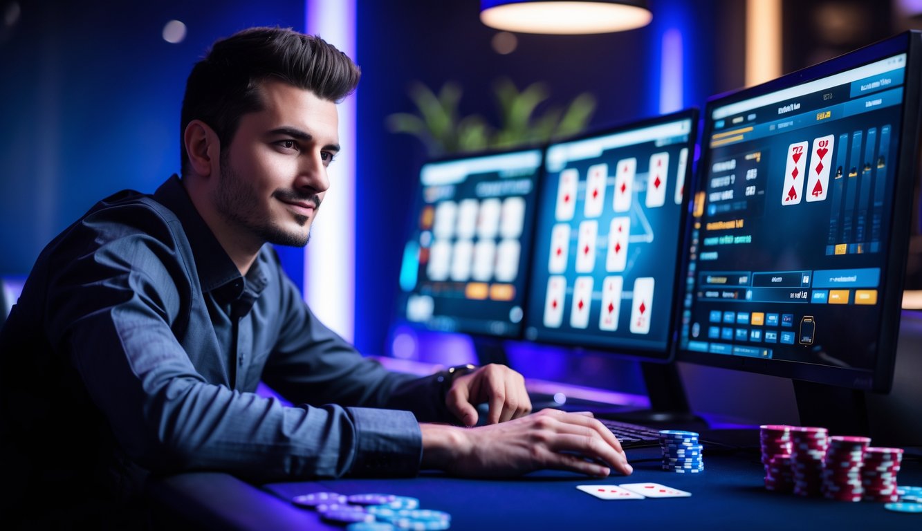 Seorang pria fokus bermain poker online di depan komputer dengan kartu dan chip poker terlihat di layar.