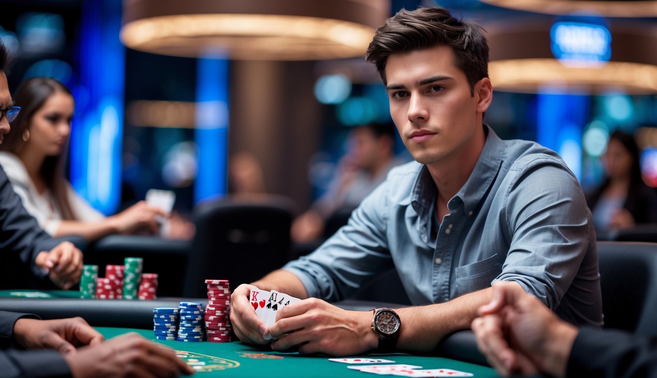 Seorang pria muda duduk di meja poker dengan kartu dan chip, fokus bermain di kasino.