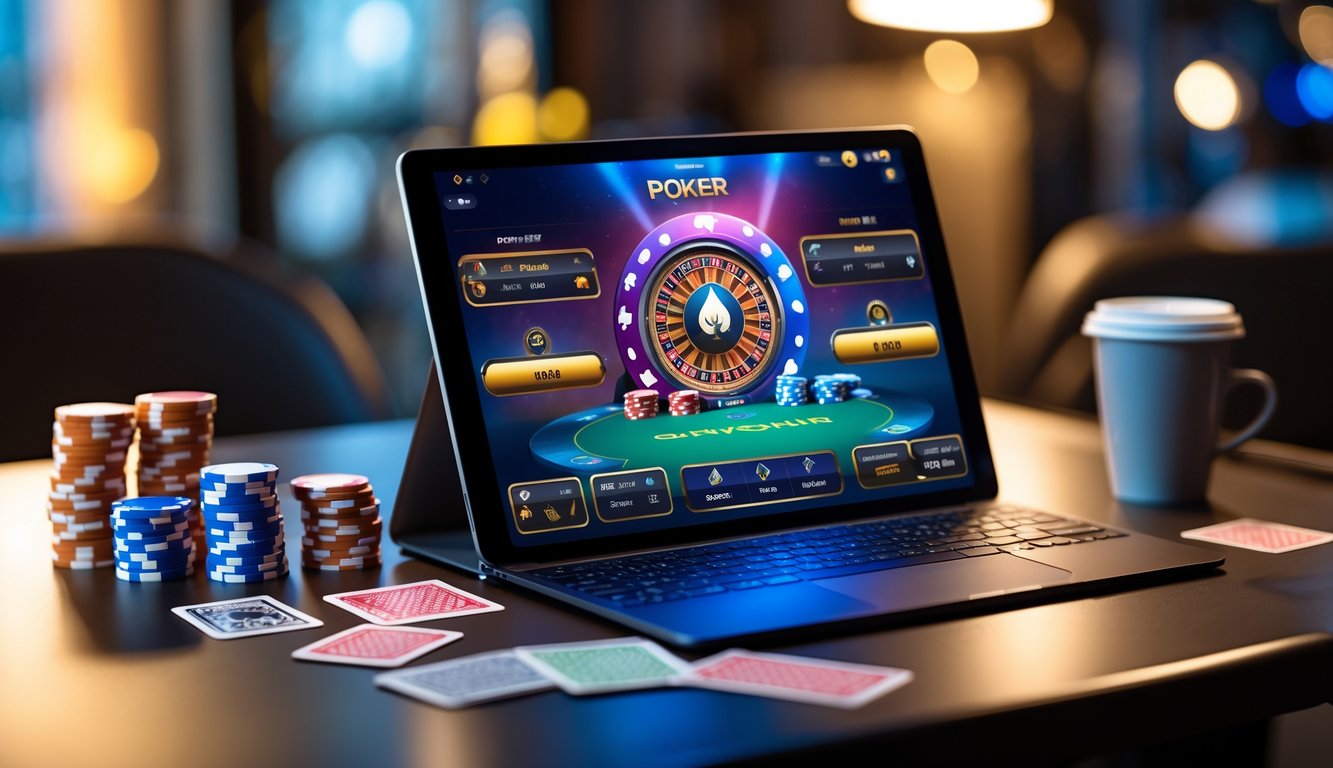 Seorang pemain menggunakan laptop untuk bermain poker online dengan tumpukan chip dan kartu di meja.