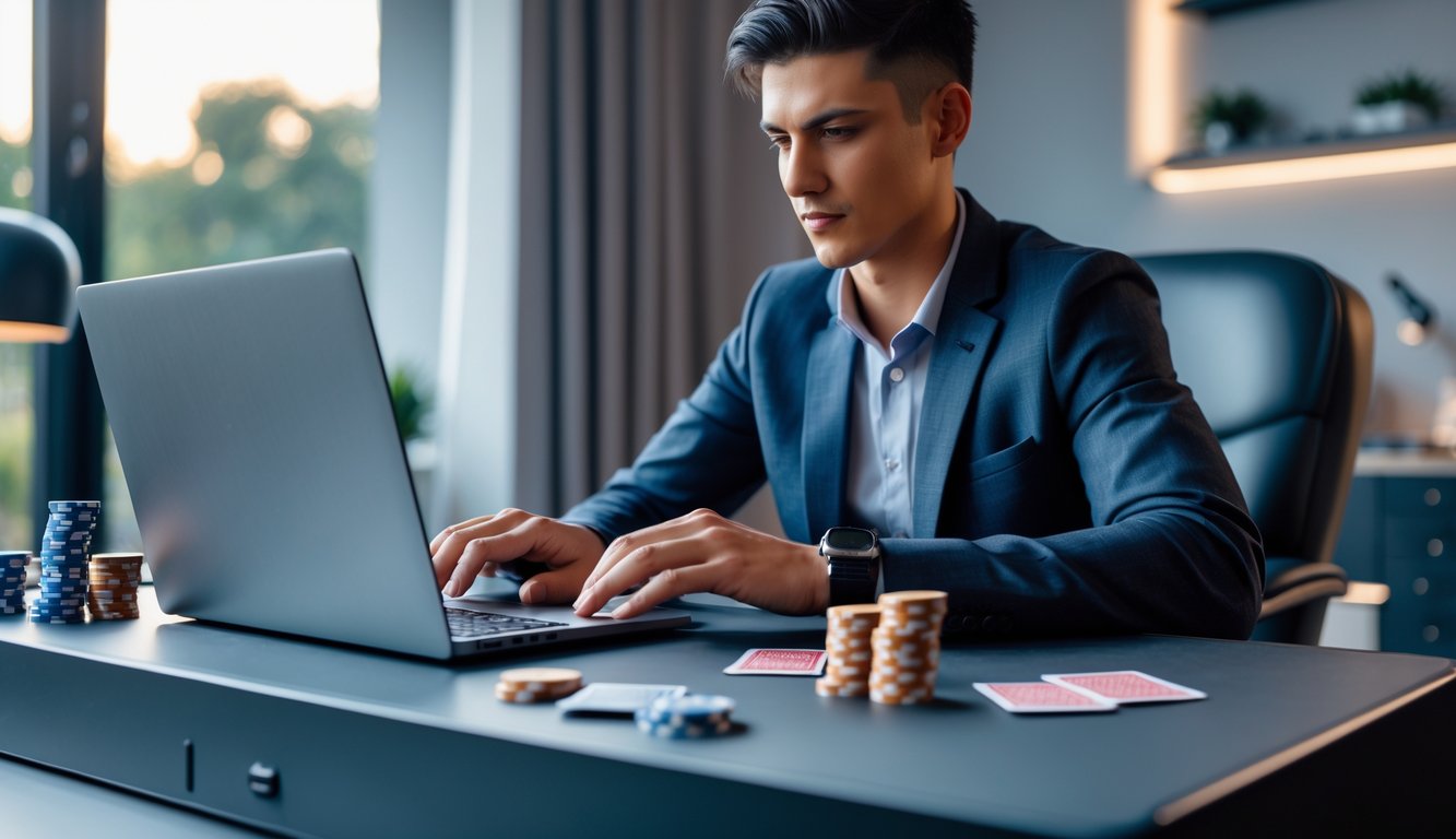 Seorang individu fokus bermain poker online di depan laptop dengan chip dan kartu poker di meja.