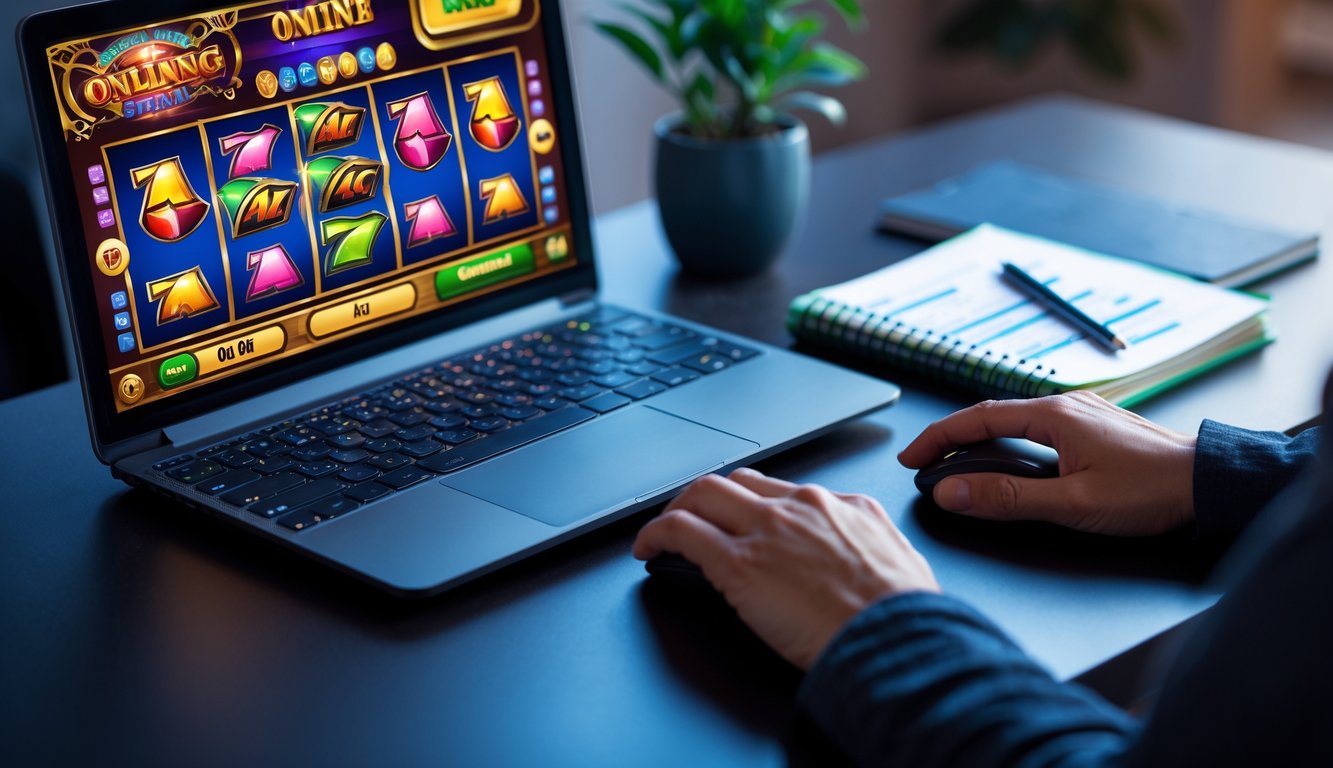 Seseorang sedang menggunakan laptop dengan permainan slot online di layar, sambil mencatat strategi di buku catatan.