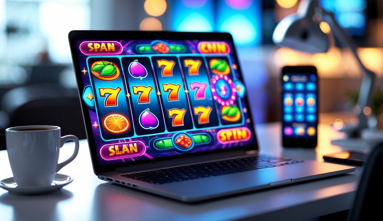 Seorang pemain sedang bermain slot online di laptop dengan layar menampilkan permainan slot yang berwarna-warni.